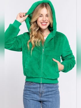 Luxurious Faux Fur Zip-up Hoodie Jacket- Green